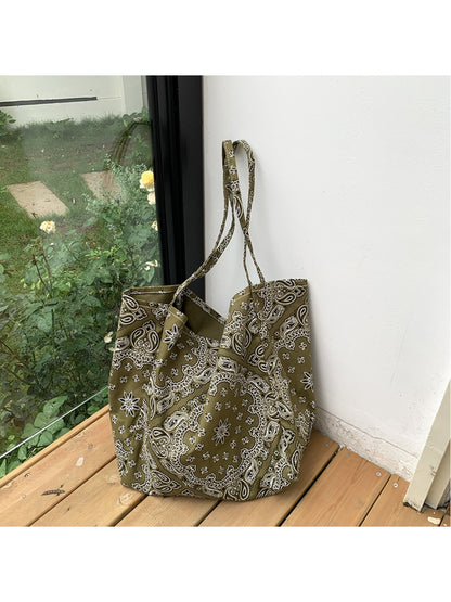 Cosbai - Vintage Canvas Shoulder Bag with Paisley Pattern