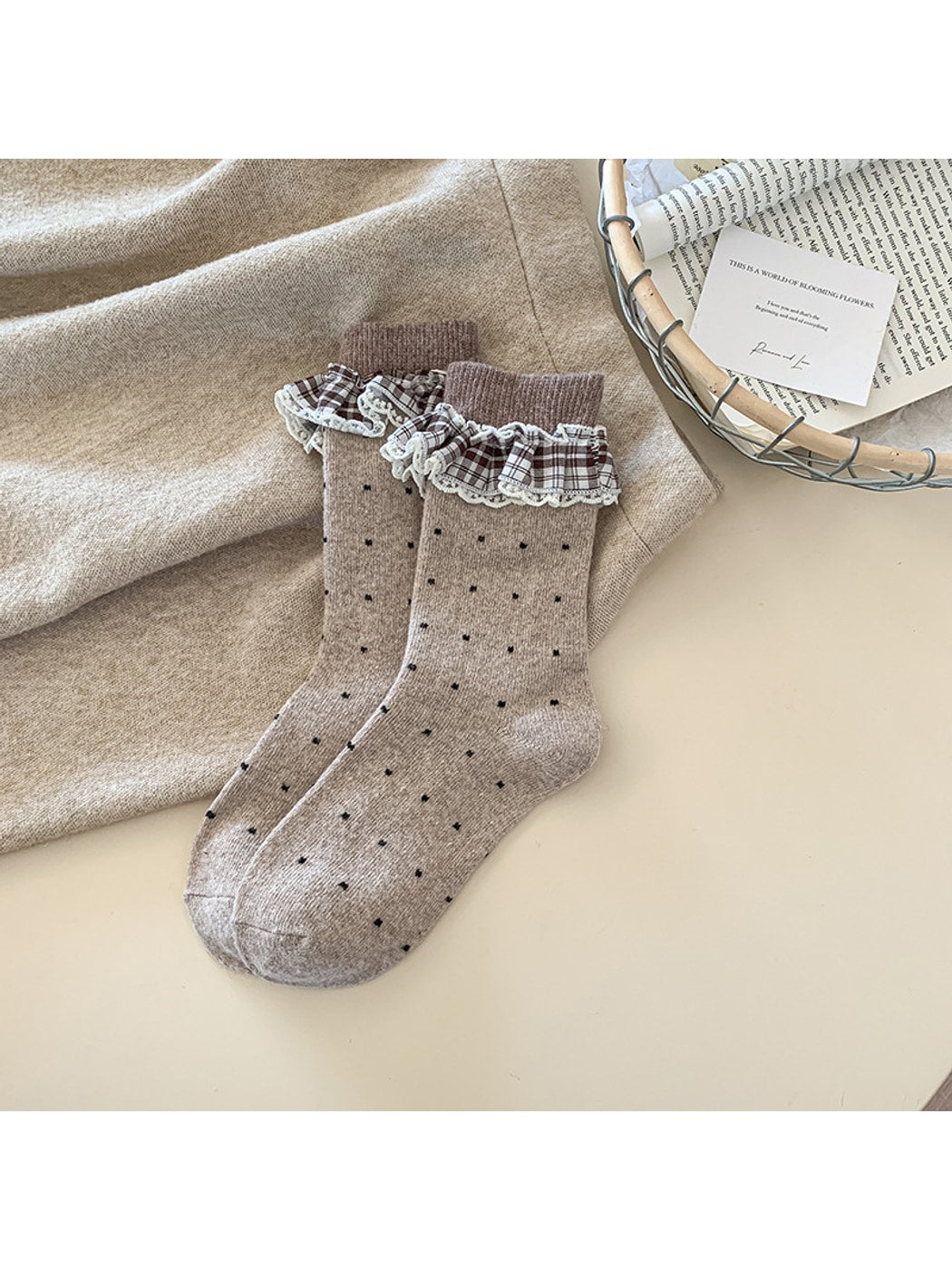 Rufia - Polka Dot Lace Ruffle Trim Crew Socks