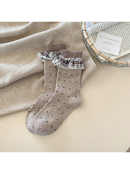 Rufia - Polka Dot Lace Ruffle Trim Crew Socks