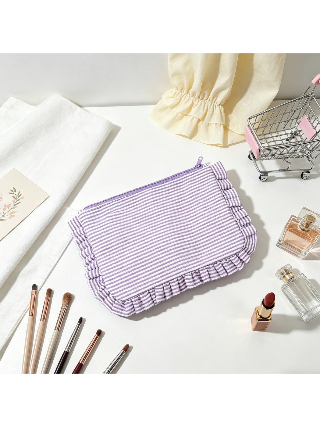 Cosbai - Pastel-toned Striped Ruffle Trim Zip Pouch