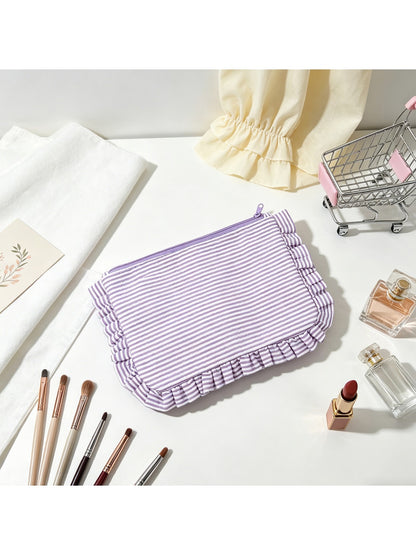 Cosbai - Pastel-toned Striped Ruffle Trim Zip Pouch