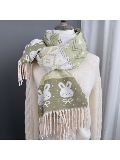Scarvii - Cozy Bunny Motif Fringe Scarf