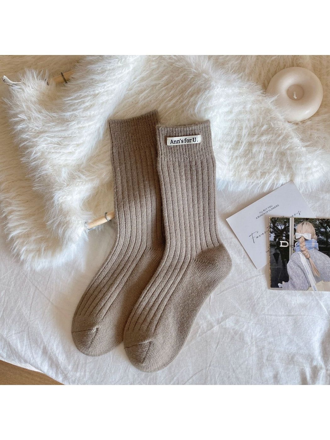 Rufia - Elegant Solid Ribbed Crew Casual Socks