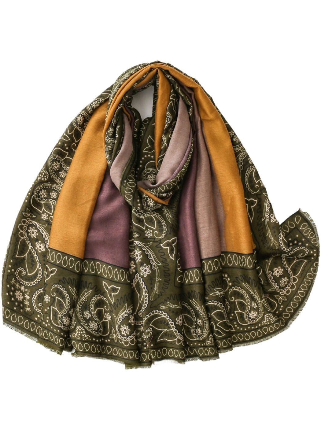 Scarvii - Color-Block Paisley Fringed Wrap Scarf