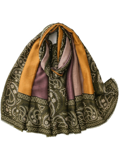 Scarvii - Color-Block Paisley Fringed Wrap Scarf