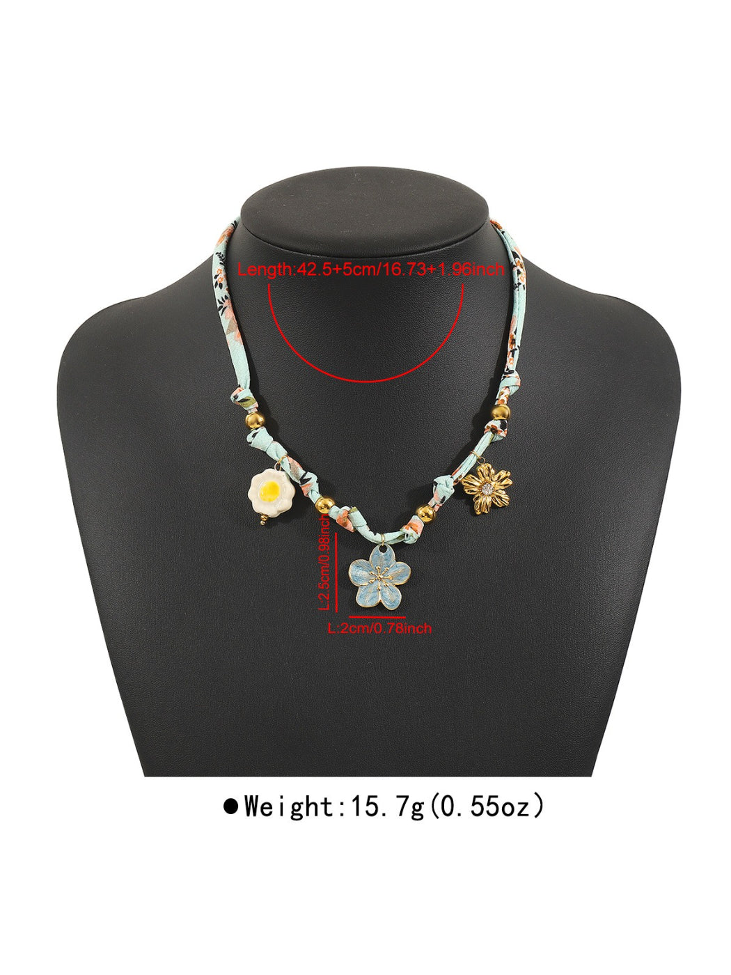 Model wearing Ocean Charm beaded necklace with blue and white beads