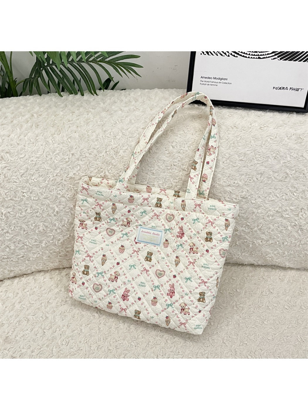 Cosbai - Floral Quilted Tote Bag with Cartoon Pattern