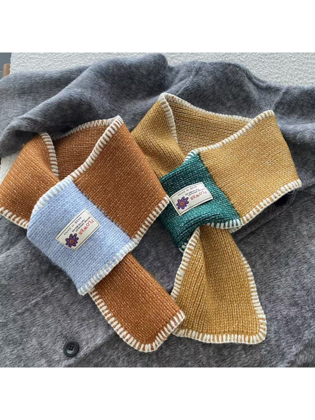 Scarvii - Contrast Panel Blanket Stitch Pull Through Knit Scarf