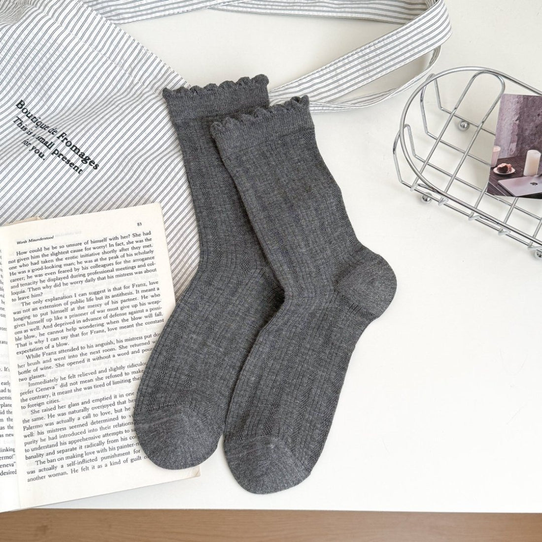 Side view of white crew socks showing ruffle trim detail