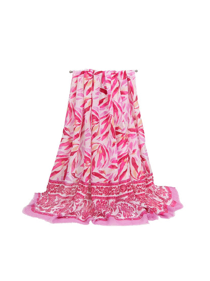 Scarvii - Layered Leaf Print Wrap Style Long Scarf