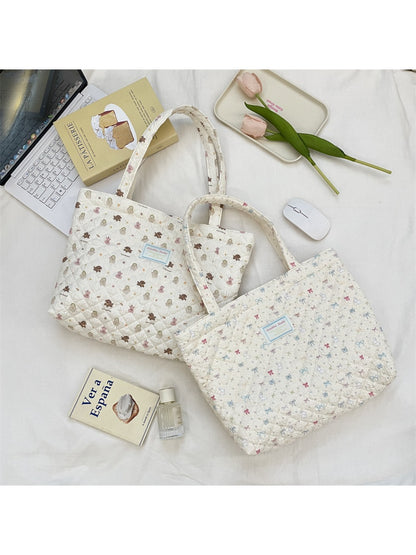 Cosbai - Floral Quilted Tote Bag with Cartoon Pattern