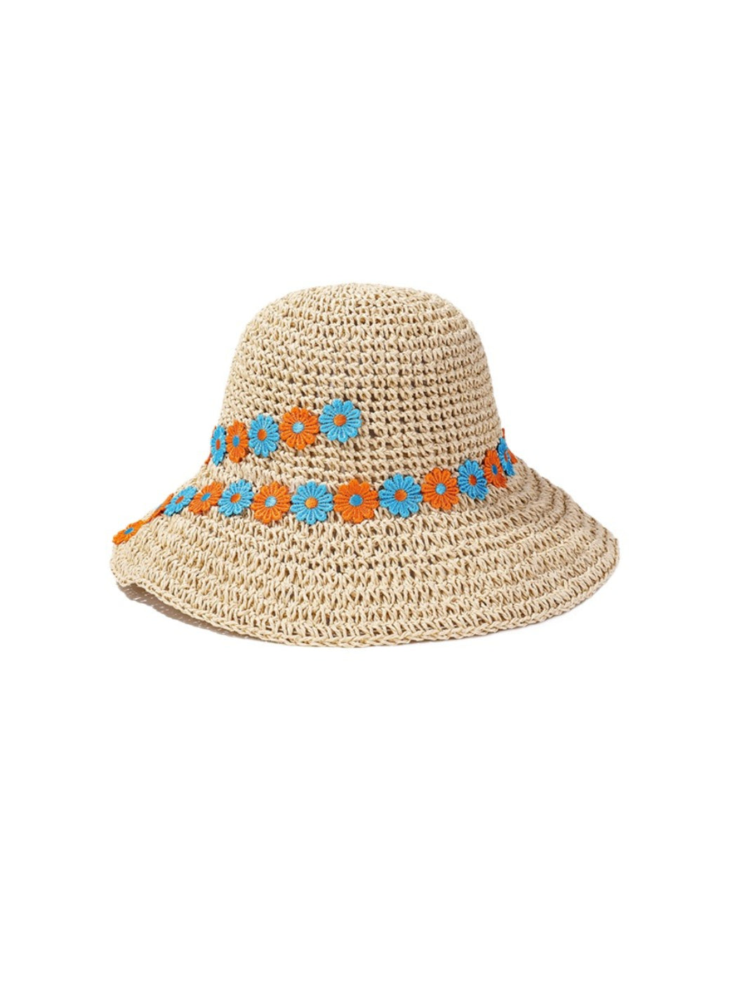 Close-up of Haila sun hat showing woven straw texture and daisy chain decoration
