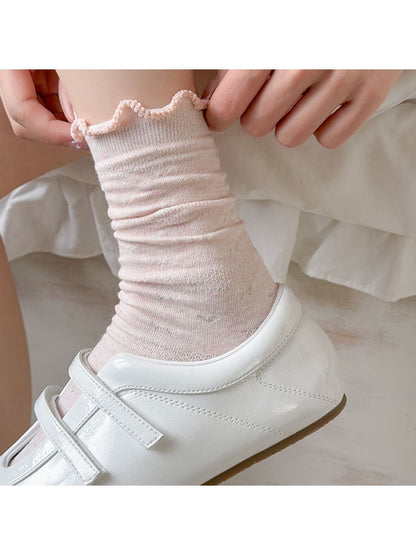 Rufia - Ruffle Cuff Black and Pink Solid Color Crew Socks