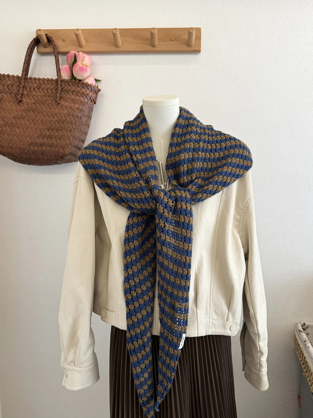 Scarvii - Striped Openwork Knit Triangle Scarf