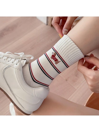 Rufia - Cartoon Dog Embroidered Striped Socks