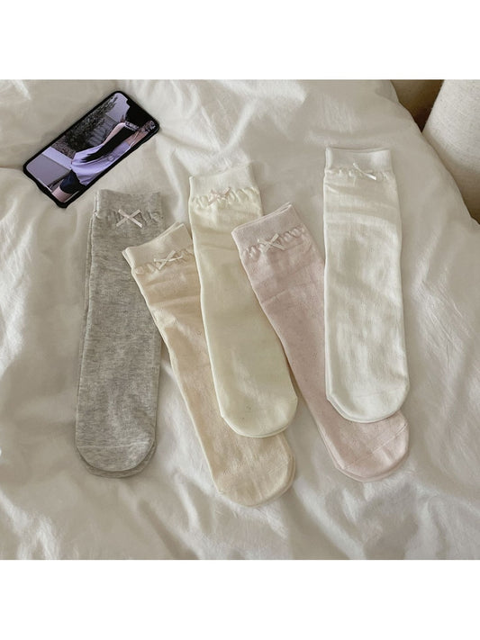 Rufia - Solid Color Openwork Bow Accent Crew Socks
