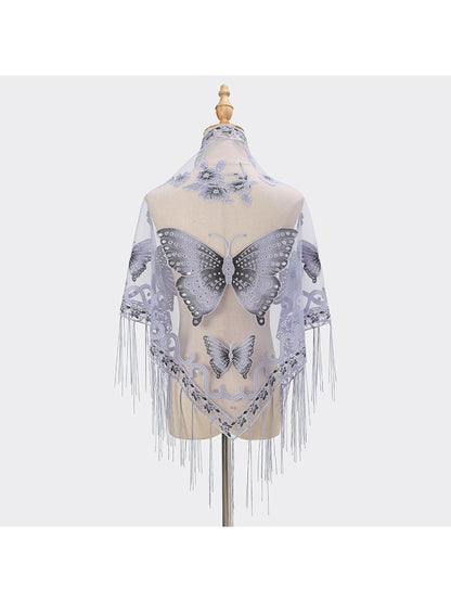 Scarvii Butterfly Fringe Triangle Scarf displayed flat with butterfly design and fringed border
