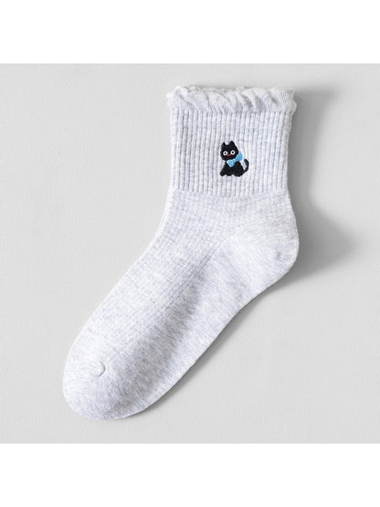 Rufia - Cartoon Embroidered Solid Crew Socks