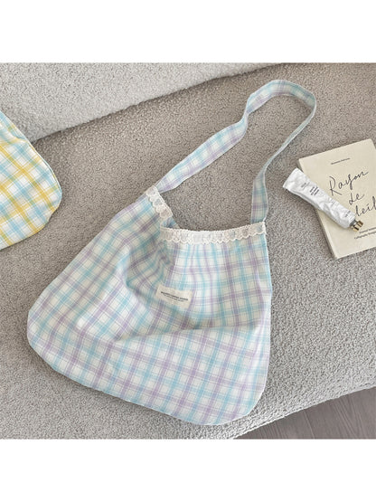 Cosbai - Plaid Lace Trim Hobo Shoulder Bag