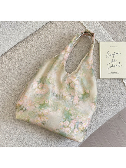 Cosbai vintage floral painting hobo bag with colorful flower design and brown strap