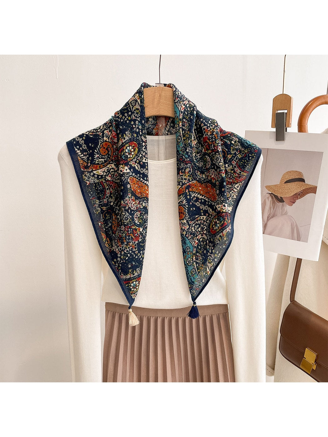 Scarvii - Bright Paisley Print Tassel Trim Square Scarf