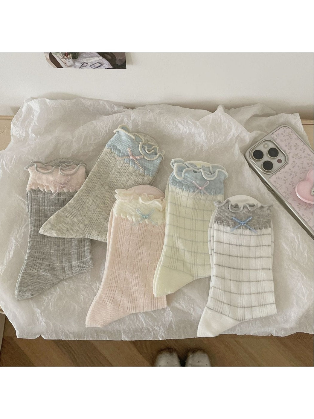 Rufia - Preppy Colorblock Ruffle Cuff Crew Socks