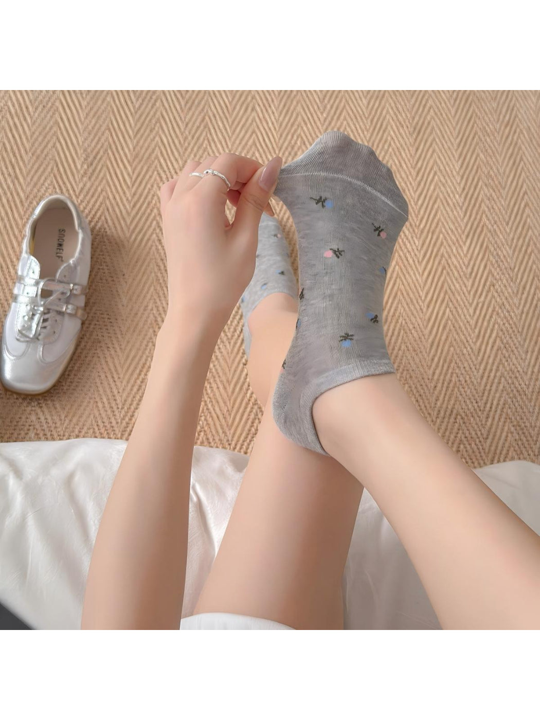 Model wearing Rufia Everyday Bloom no show socks paired with casual shoes