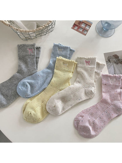 Rufia - Speckled Ribbed Bow Detail Casual Crew Socks