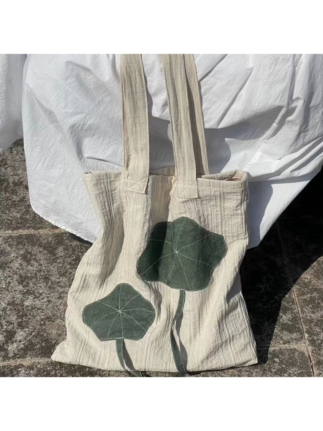 Cosbai - Lotus Leaf Applique Vertical Tote Bag