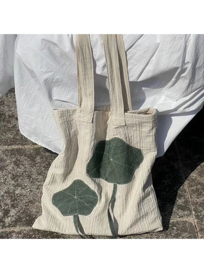 Cosbai - Lotus Leaf Applique Vertical Tote Bag