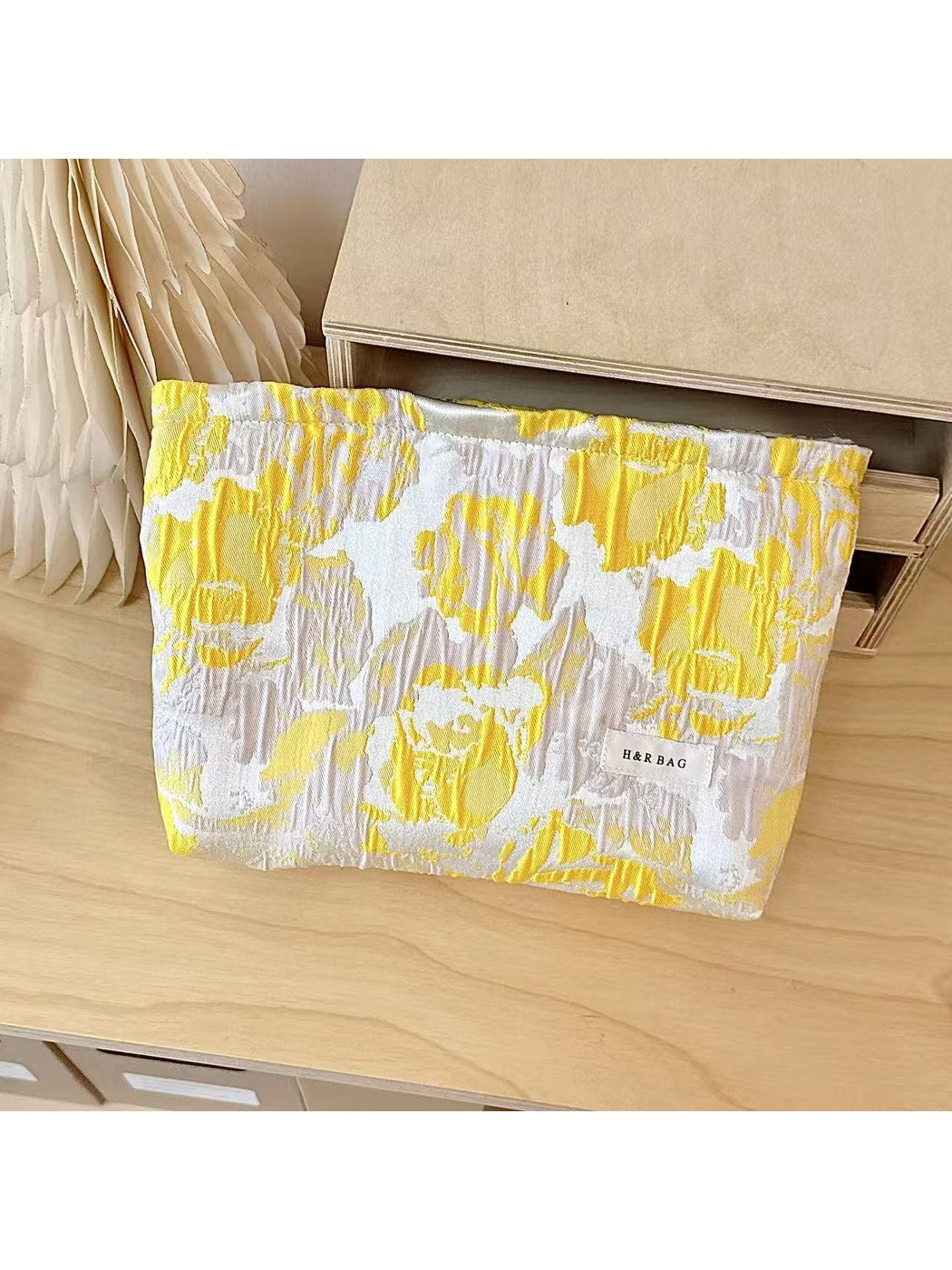 Cosbai - Yellow Floral Pleated Design Zip Pouch