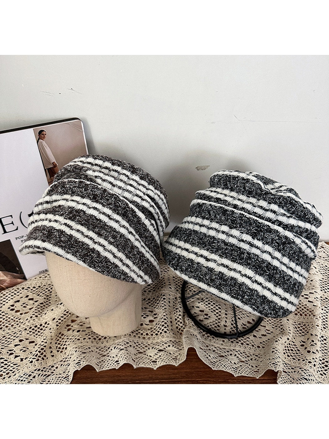 Haila - Women's Flat Crown Striped Knit Beanie