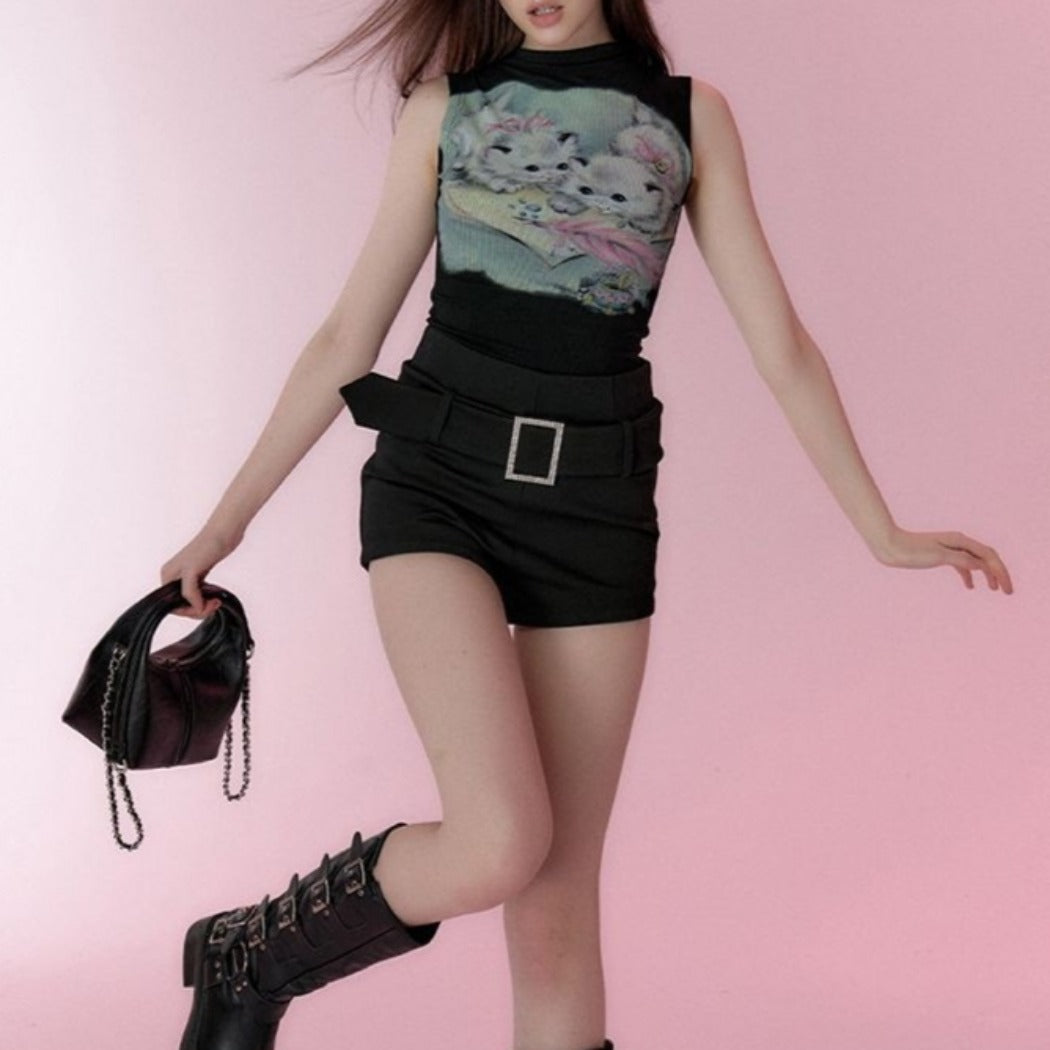 Vesty- Vintage Cat Short Tank Top - Yellow & Black