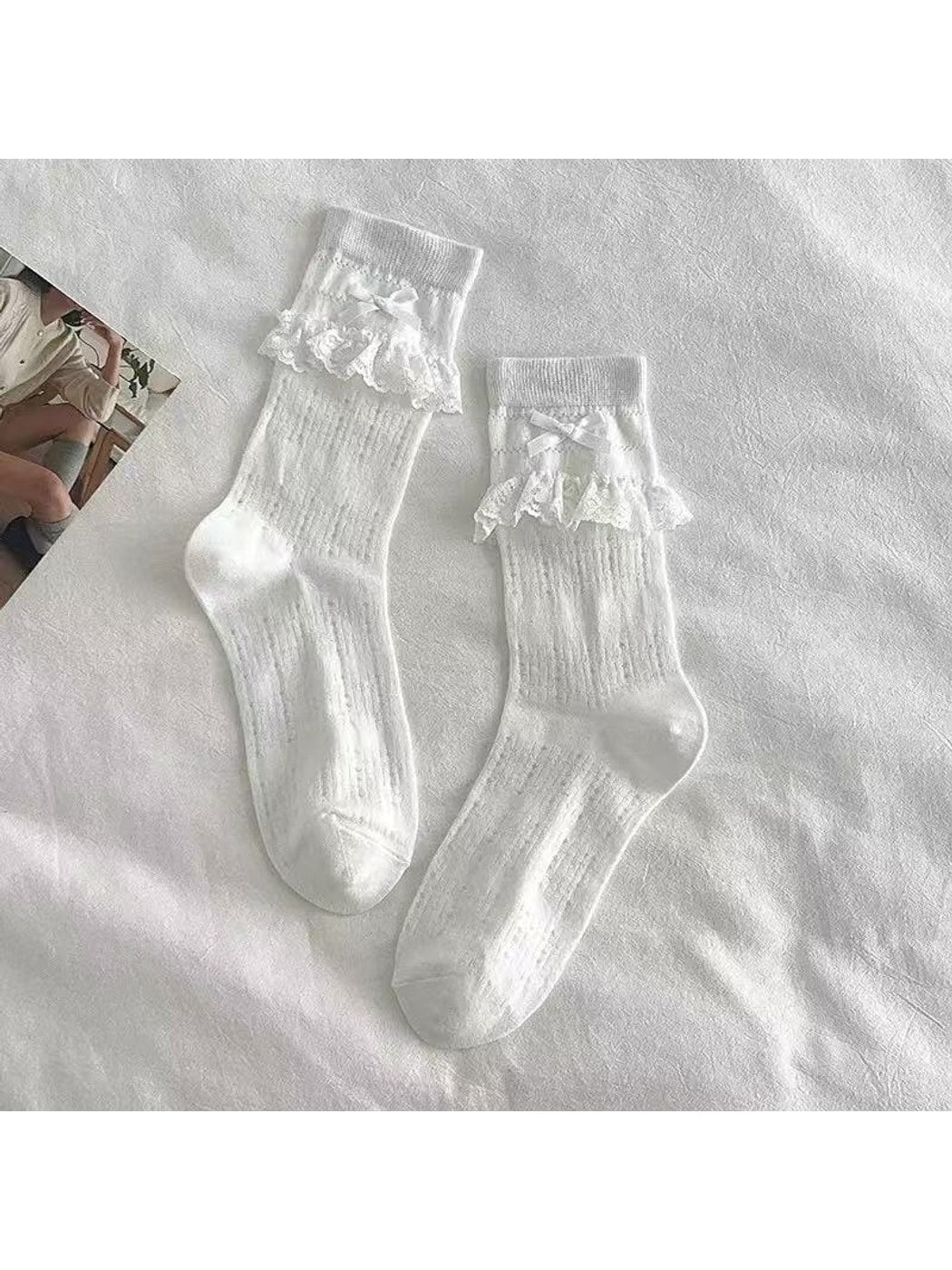 Rufia - Lace Trim Bow Detail Sweet Style Crew Socks