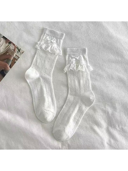 Rufia - Lace Trim Bow Detail Sweet Style Crew Socks