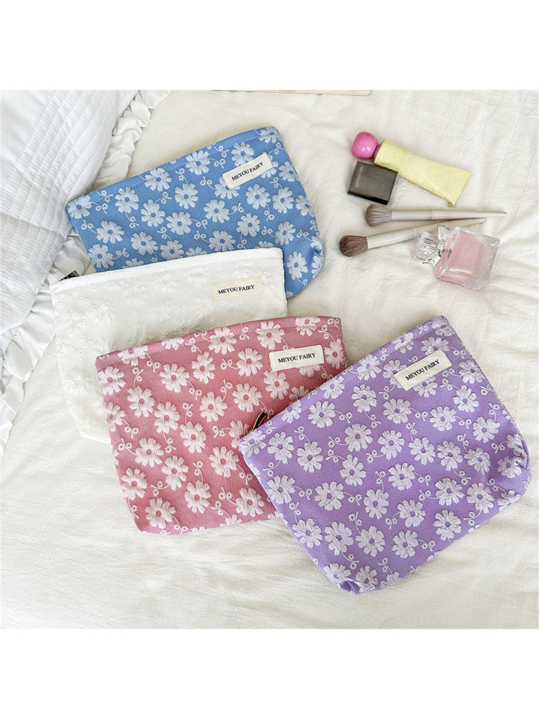 Cosbai - Floral Bow Zipper Cosmetic Organizer Bag
