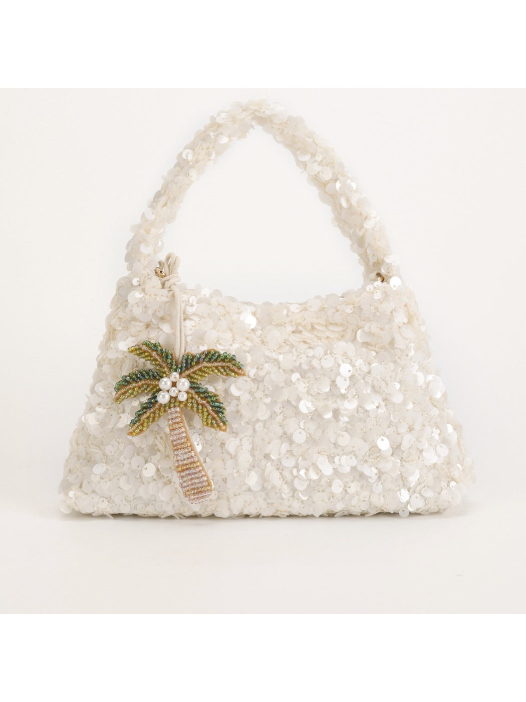 Cosbai Tropical Sequin Handbag with multicolored palm leaf design on white background