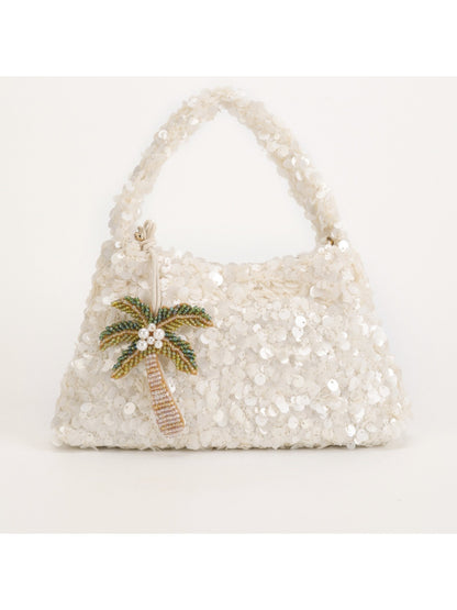 Cosbai Tropical Sequin Handbag with multicolored palm leaf design on white background