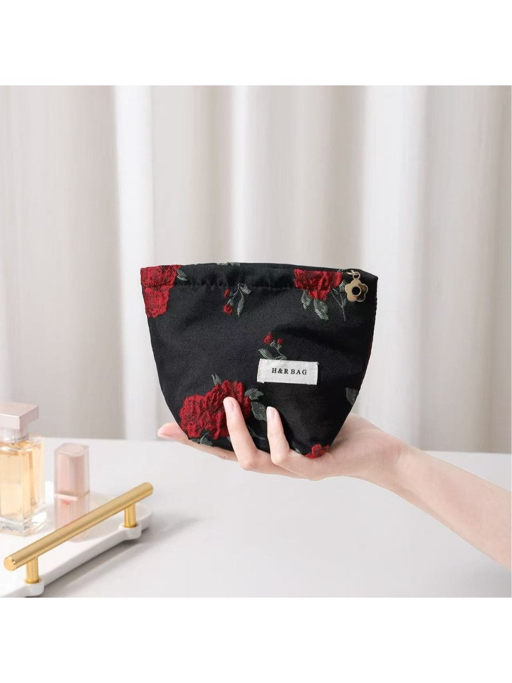 Cosbai - Rose Print Handheld Floral Makeup Bag