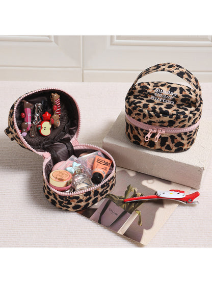 Cosbai leopard print round makeup organizer bag with handle on top
