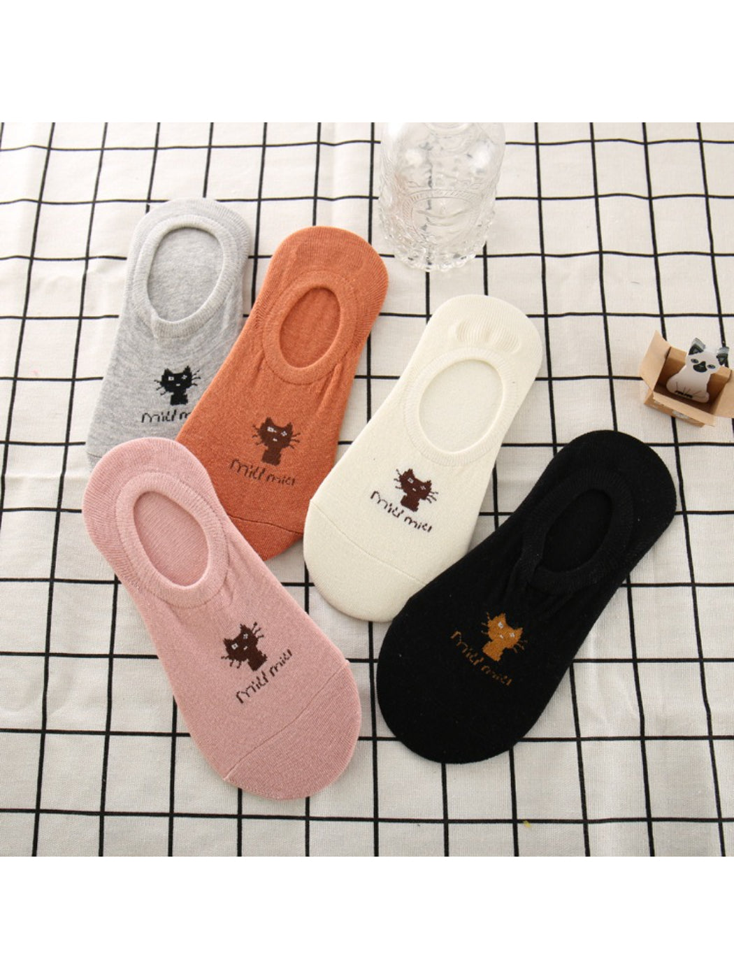 Pair of Rufia Everyday Cat No Show Socks in white with cat face design