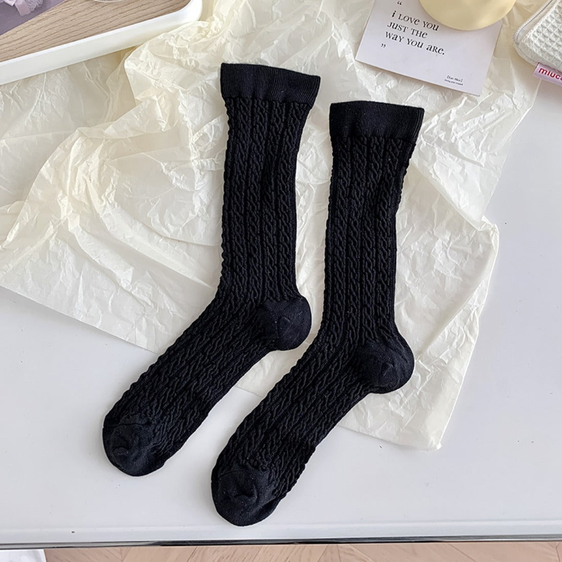 Rufia - Solid Color Cable Knit Striped Crew Socks