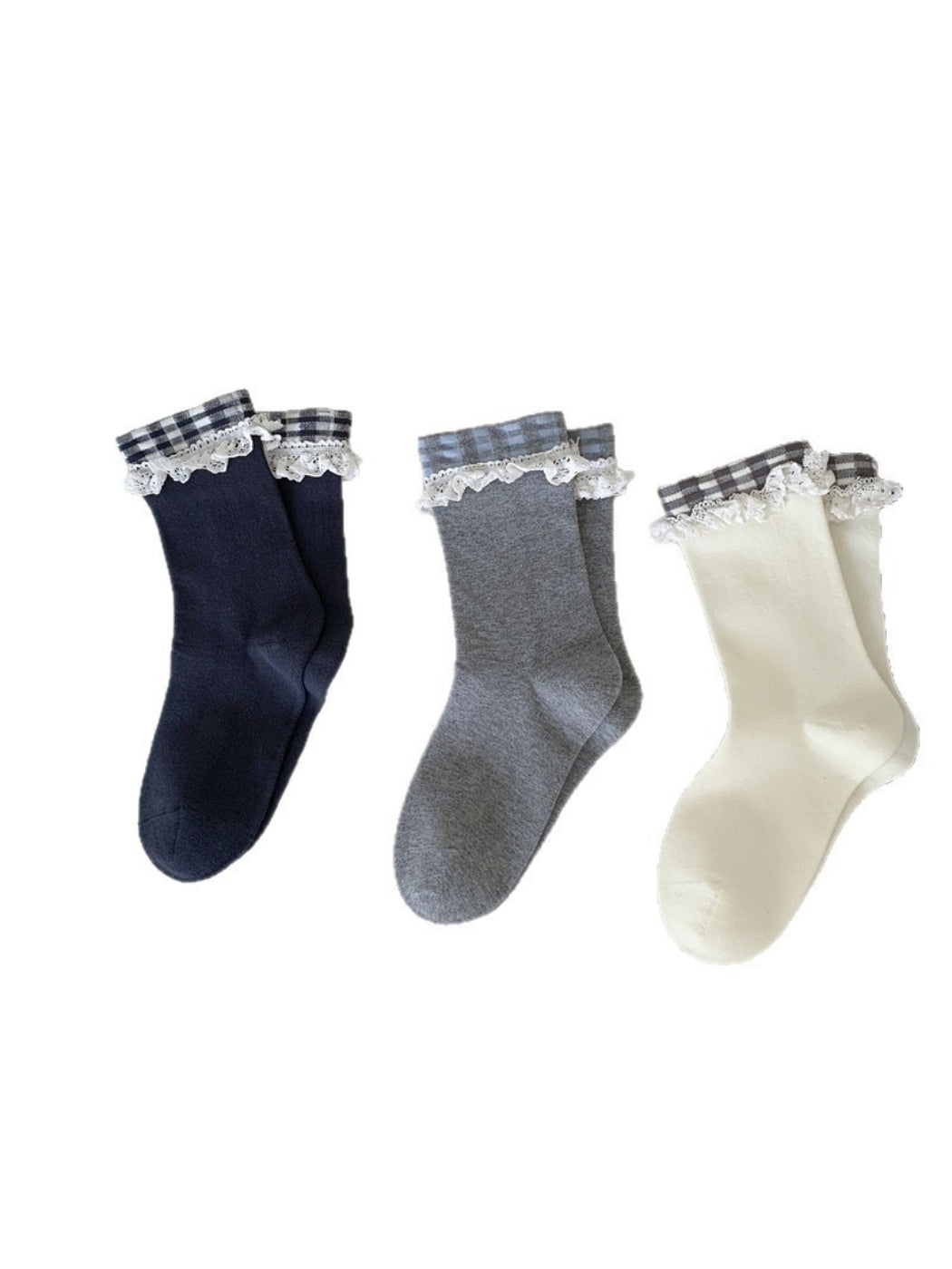 Rufia - Plaid Ruffle Lace Trim Crew Socks