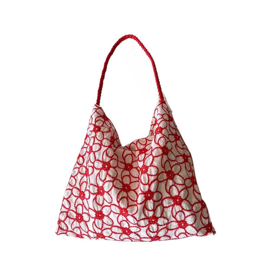 Cosbai - Embroidered Flower Shoulder Tote Bag - Basic & Simple