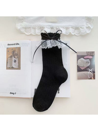 Rufia - Solid Color Lace Trim Casual Crew Socks