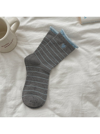 Rufia - Heart Stripe Rolled Cuff Casual Crew Socks