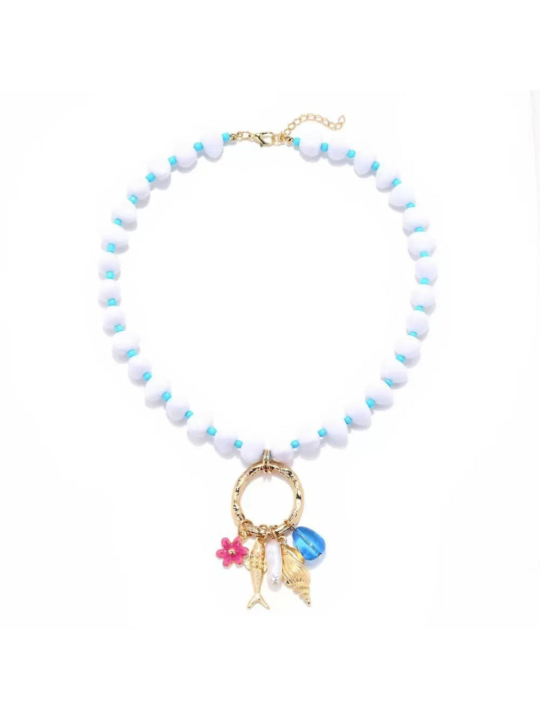 Side view of Neckit beaded necklace highlighting the ring charm detail