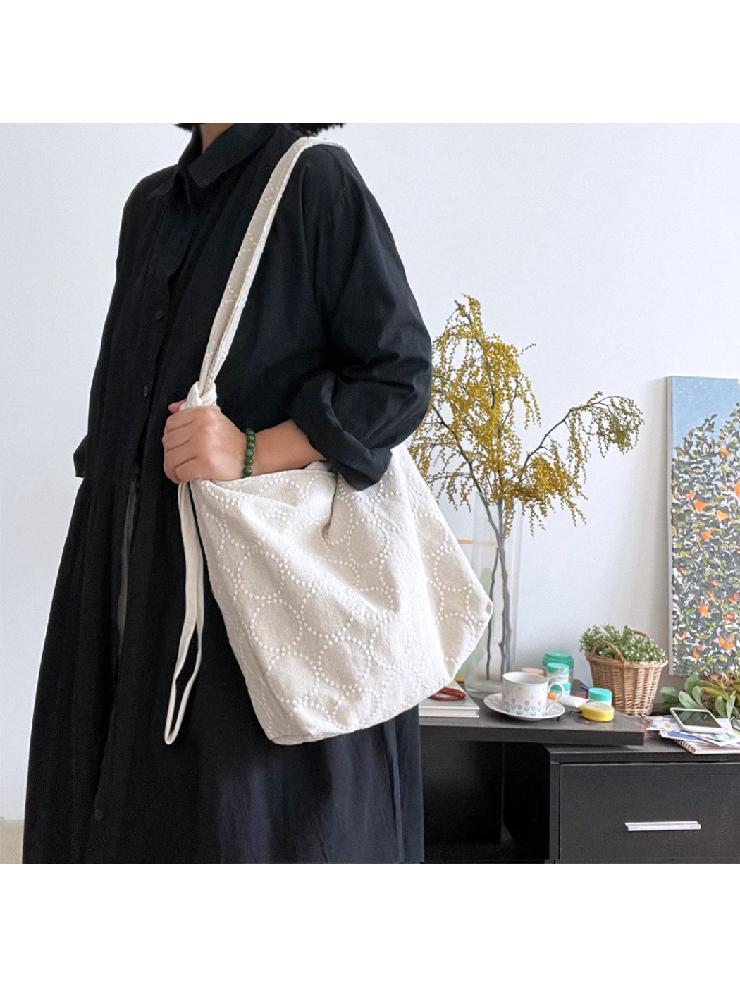 Cosbai Circle Print Tie Shoulder Bag open, displaying interior space and lining