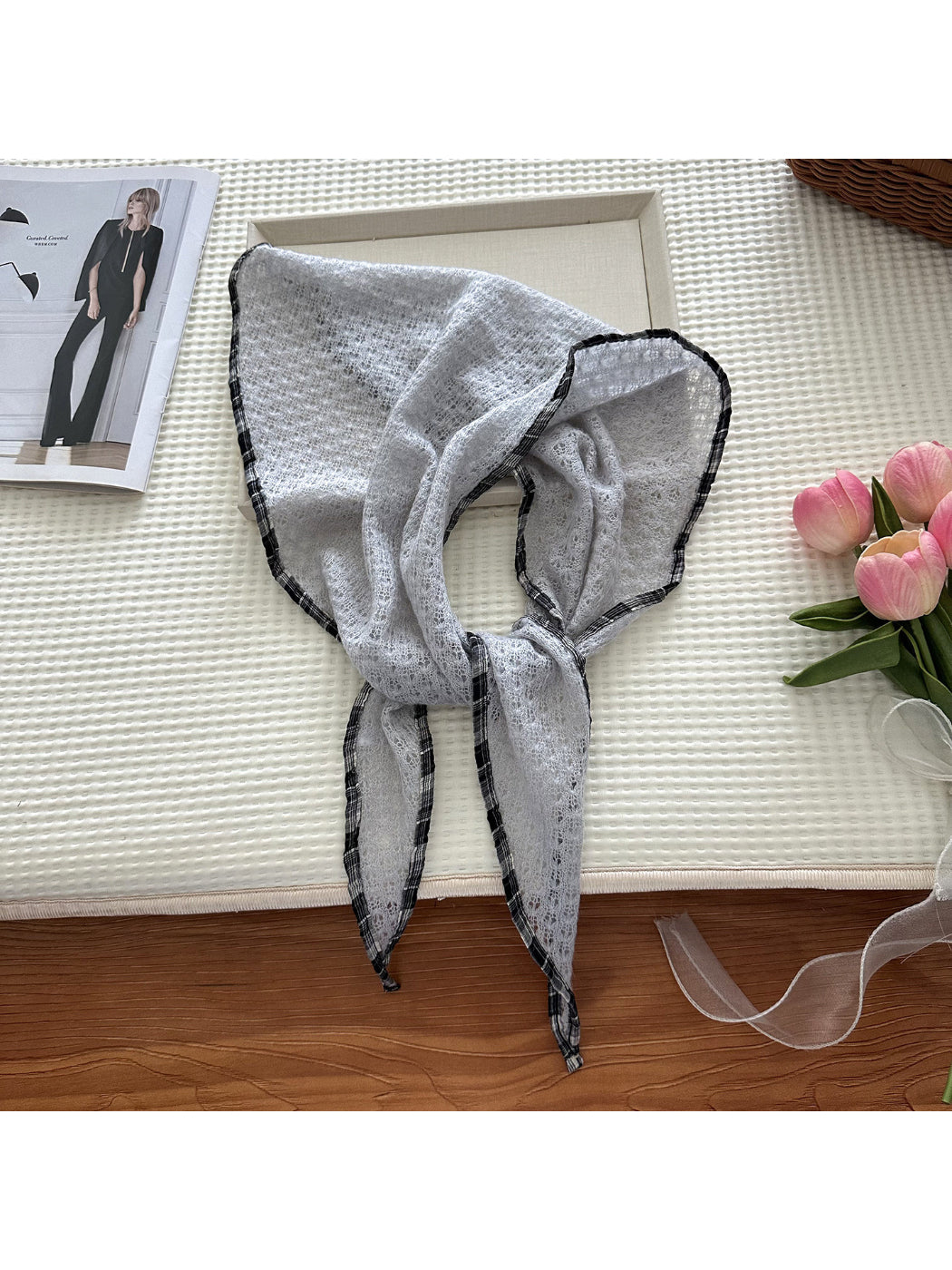 Scarvii - Open Knit Check Trim Triangle Scarf