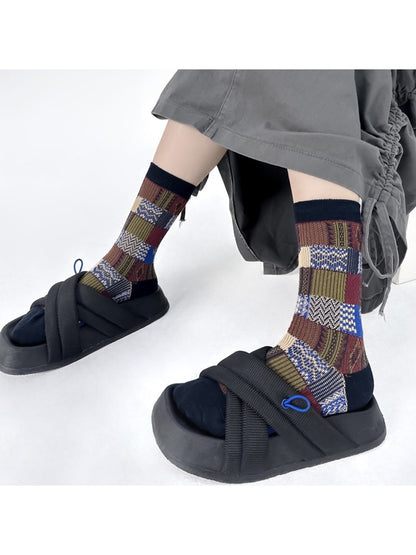 Rufia - Patchwork Plaid Pattern Casual Crew Socks